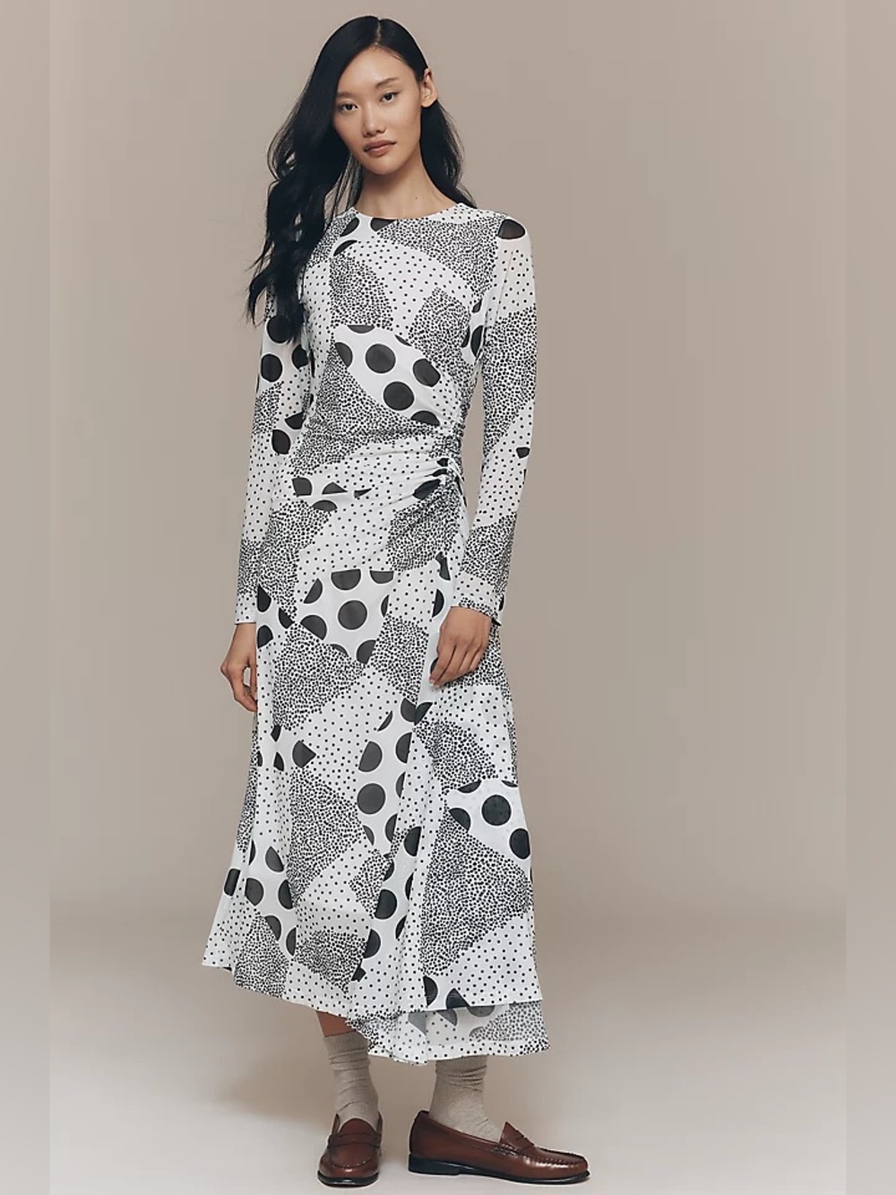 Anthropologie Long-Sleeve Ruched Mesh Midi Dress